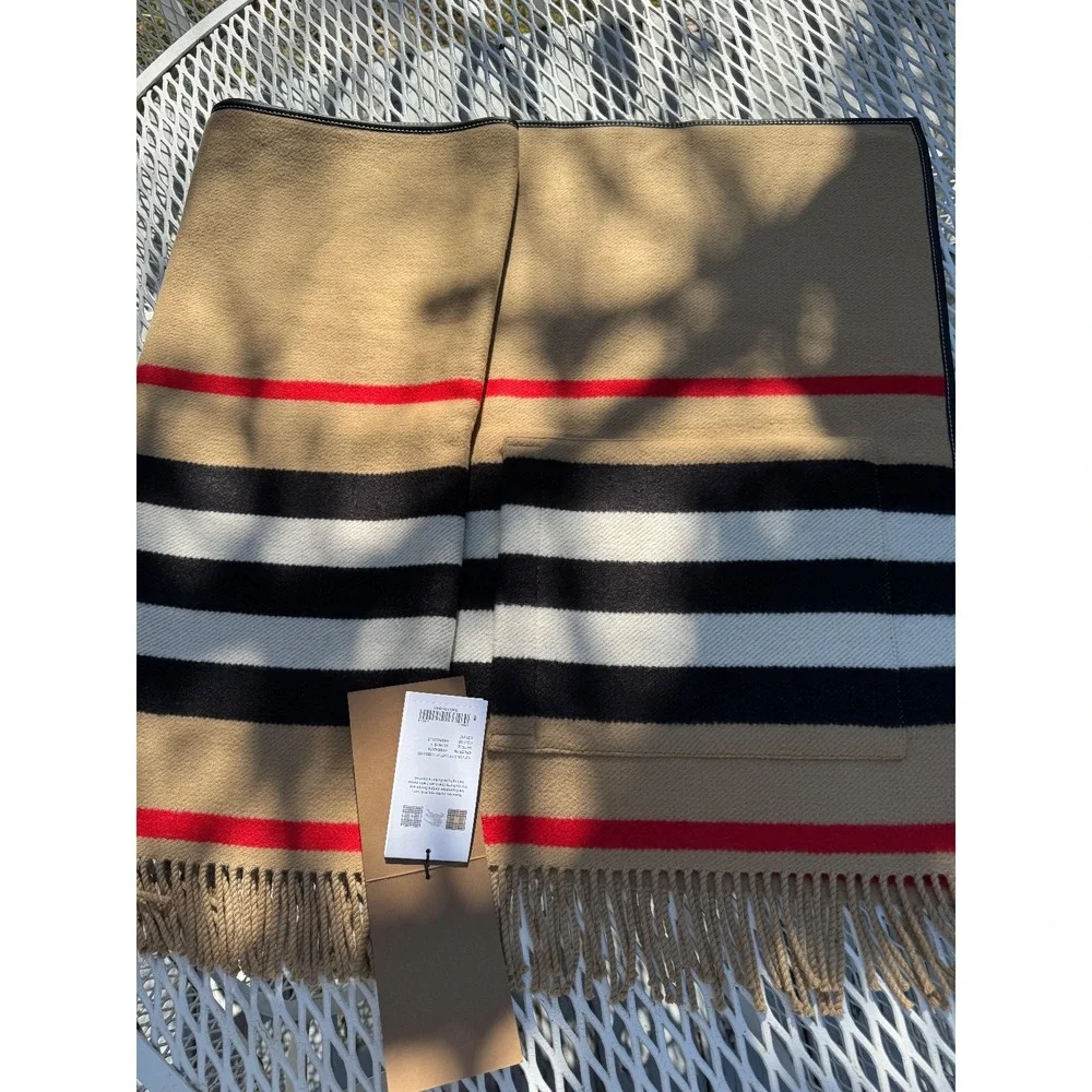 Burberry  Fringe Cape Poncho Wrap Shawl pockets stripes archive  beige wool NEW